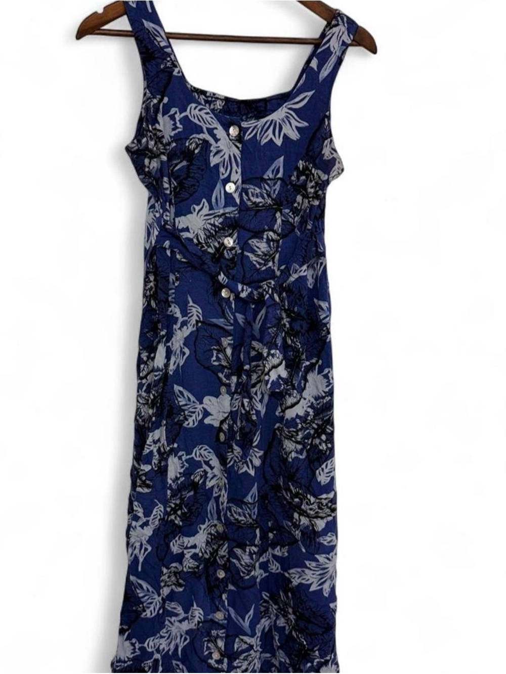 Vintage 90s Max Taylor Blue Floral Hawaiian Maxi Dress with Button Front & Tie